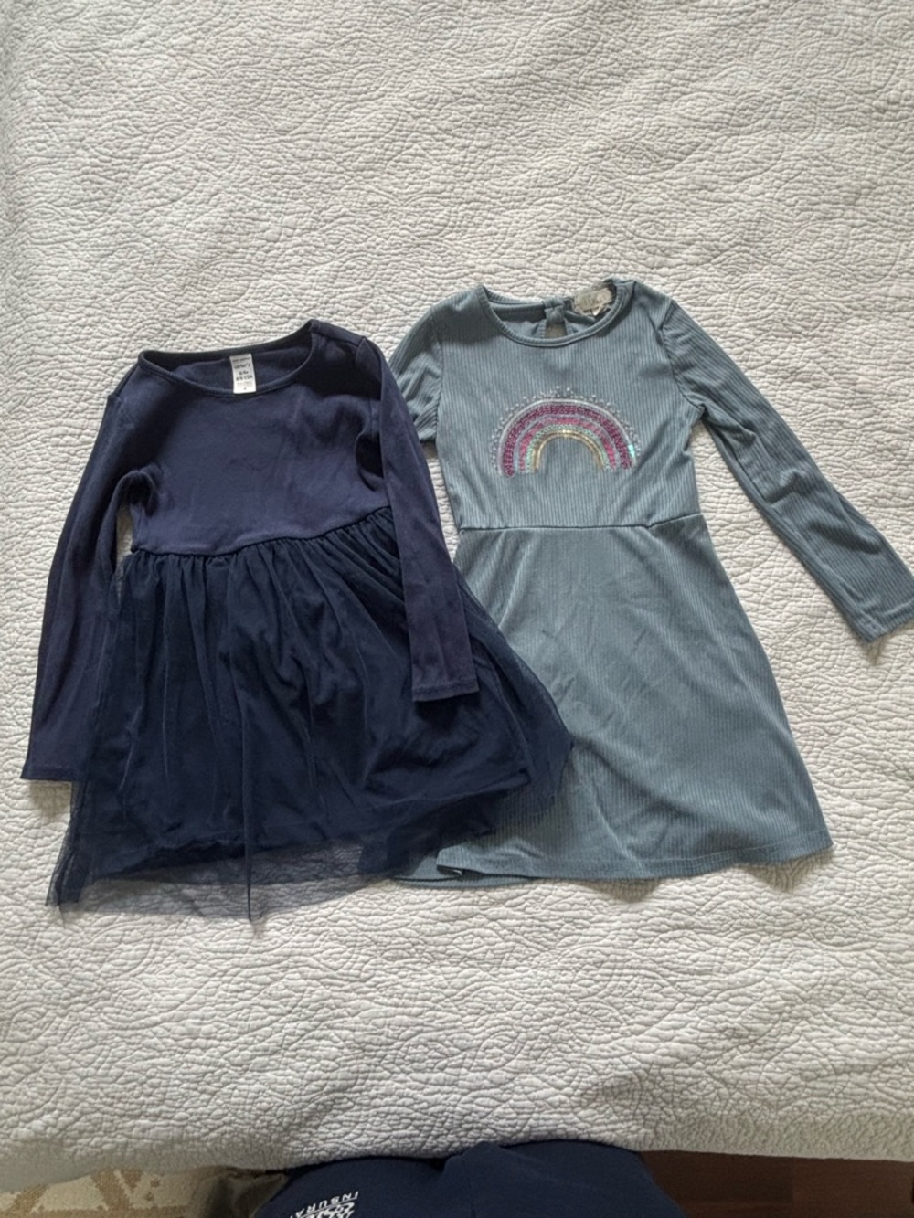 Girls size 6 Long-Sleeve Navy Tulle Dress & Blue Rainbow Knit Dress Bundle